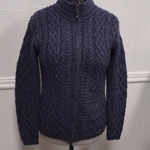 Inis Crafts 100%Merino Wool Elegant Navy Women's Cable Knit Cardigan